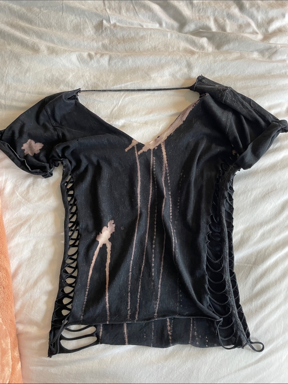 Affliction Black Distressed V-Neck Women's Top with Pink Bleach Detail, small